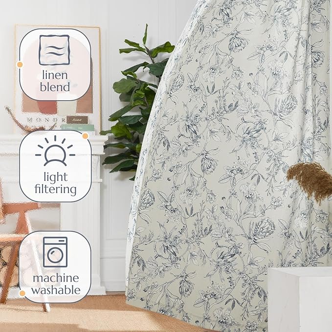 jinchan Floral Curtains 84 Inches Long Blue Flower Linen Farmhouse Curtain for Living Room French Country Vintage Curtain Rod Pocket Curtains Set 2 Panels Blue Floral Printed - Image 8