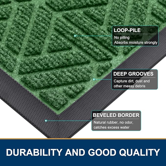 Smiry Front Door Mat Outside Entrance, Heavy Duty Sturdy Natural Rubber Doormat, Trap Dirt and Moisture, Easy Clean Low Profile Mats for Indoor Outdoor Entry, Grid Geometric (35x23, Green) - Image 4