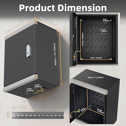 Joinfworld Outdoor Electrical Metal Box 15.7" x 11.8" x 7.8" Weatherproof Outdoor Junction NEMA Enclosure Box with Lock Din Rail Cable Gland - Image 2