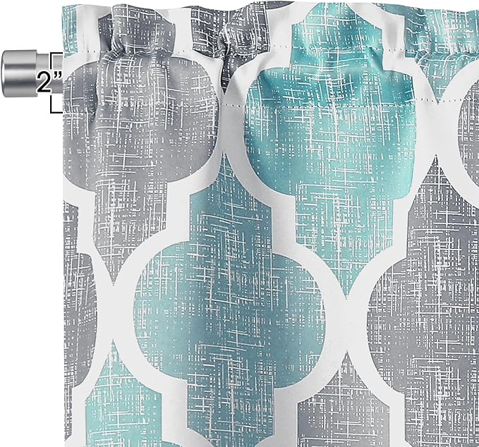 Beauoop Blackout Window Valances Curtains Geometric Quatrefoil Trellis Printed Room Darkening Thermal Insulated Rod Pocket Short Valance Curtains Cafe Bathroom, Spa/Gray, 50" W x 18" L, 1 Panel - Image 3