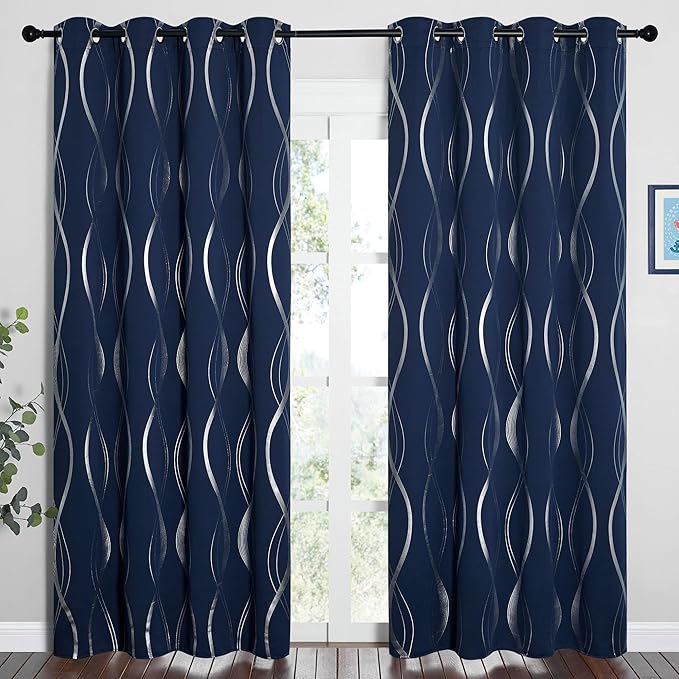 NICETOWN Navy Blue Blackout Curtain Panels 84 inches Long, Window Treatment Foil Printed Wave Lines Thermal Insulated Grommet Drapes for Living Room/Office/Guest Room(1 Pair, 52" Wide) - Image 2