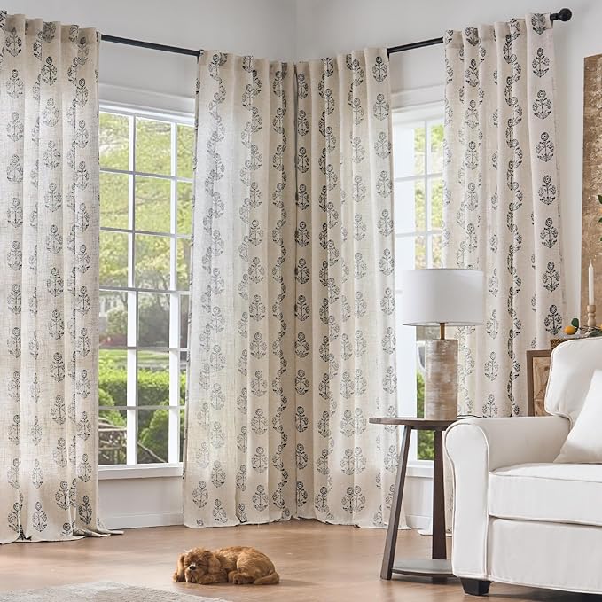 jinchan Linen Floral Curtains for Living Room 84 Inch Length Black Flower Cottage Core Farmhouse Curtains Rod Pocket Back Tab Boho Semi Sheer Window Drapes Bedroom Set 2 Panels Black on Beige - Image 8