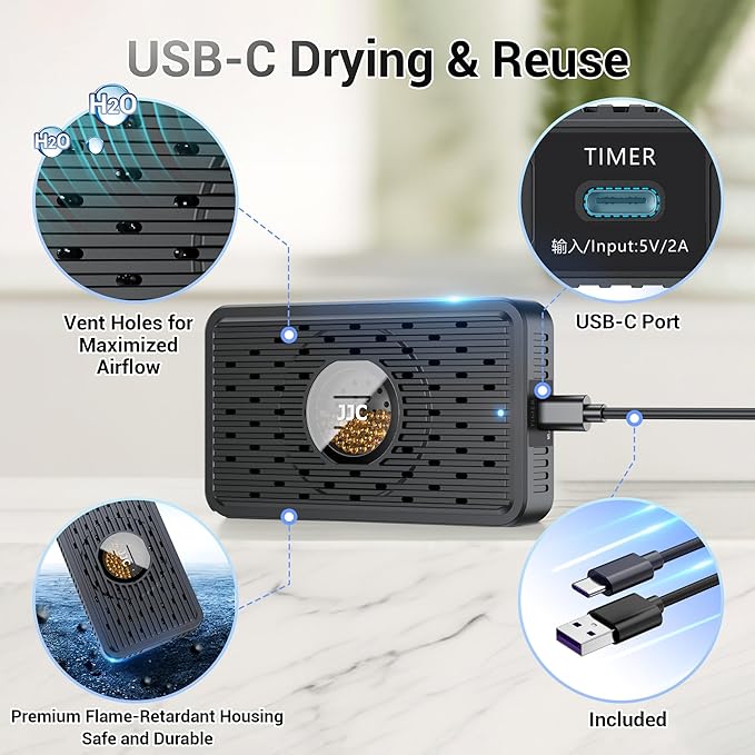 2Pack Auto Power-off Rechargeable Desiccant Dehumidifier with USB-C Cable,Portable Moisture Absorber Dryer Silica Gel Packet for Gun Safe Camera Lens Filter Electronics 3d Printer Filaments Instrument - Image 3