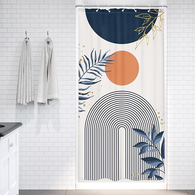 Small Stall Boho Shower Curtain 36Wx72H Navy Blue Modern Bohemian Mid Century Gold Leaves Orange Minimalist Geometric Bathroom Decor Half Narrow Bath Curtain Fabric Polyester 7 Pack Hooks - Image 2