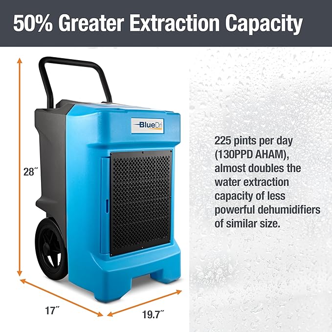 BlueDri BD-BD-130-BL Industrial Commercial Dehumidifier with Hose for Basements in Homes and Job Sites, Blue - Image 3