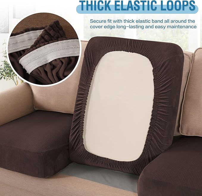 H.VERSAILTEX Velvet Stretch Couch Cushion Cover Plush Cushion Slipcover for Chair Loveseat Sofa Cushion Furniture Protector Seat Cushion Sofa Cover (3 Piece Sofa Cushion Covers, Brown Striped) - Image 6