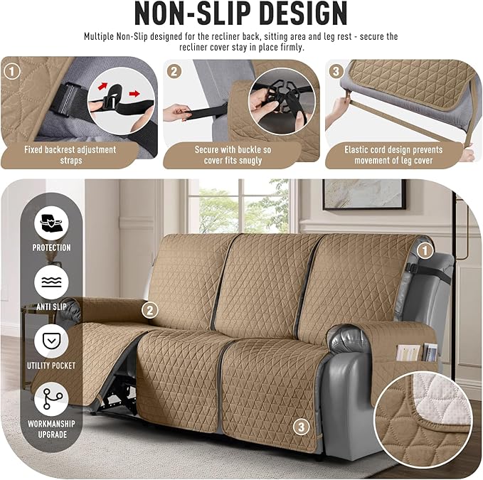 TAOCOCO 100% Waterproof Recliner Cover, Non-Slip Washable Reclining Couch Cover with Elastic Leg Straps, Furniture Protector for Dogs (Khaki,3 Seater) - Image 5