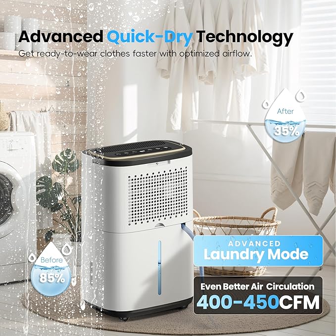 5000 Sq.Ft Dehumidifier, 52PT/24H Dehumidifiers with Drain Hose for Basement, Large Compressor Dehumidifier for Basement/Laundry/Bedroom/Office, Dehu/Dry/Air Mode, Humidity Display/Timer/Child Lock - Image 3