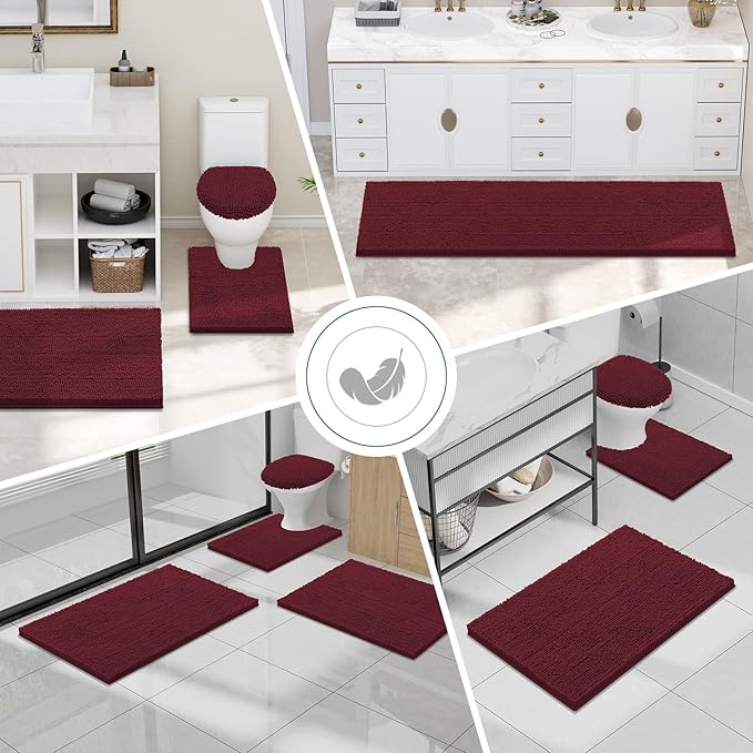 Smiry Luxury Chenille Toilet Rugs U-Shaped 24x24, Soft Absorbent Non-Slip Contour Bathroom Rugs for Toilet, Machine Washable Contoured Bath Mats, Burgundy - Image 7
