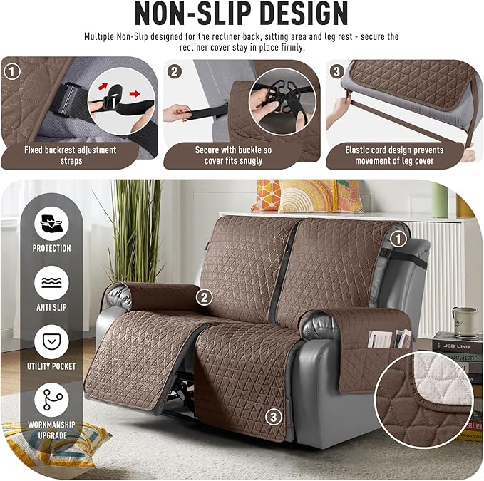 TAOCOCO 100% Waterproof Recliner Cover, Non-Slip Washable Reclining Couch Cover with Elastic Leg Straps, Furniture Protector for Dogs (Brown, 2 Seater) - Image 5