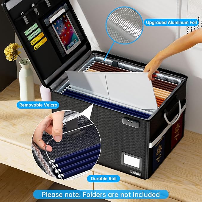 5200℉ Fireproof Document Box with Lock, Waterproof File Organizer with Handle, Portable Collapsible Filing Cabinet with Reflective Strip for Hanging Letter/Legal Folder, Black - Image 6