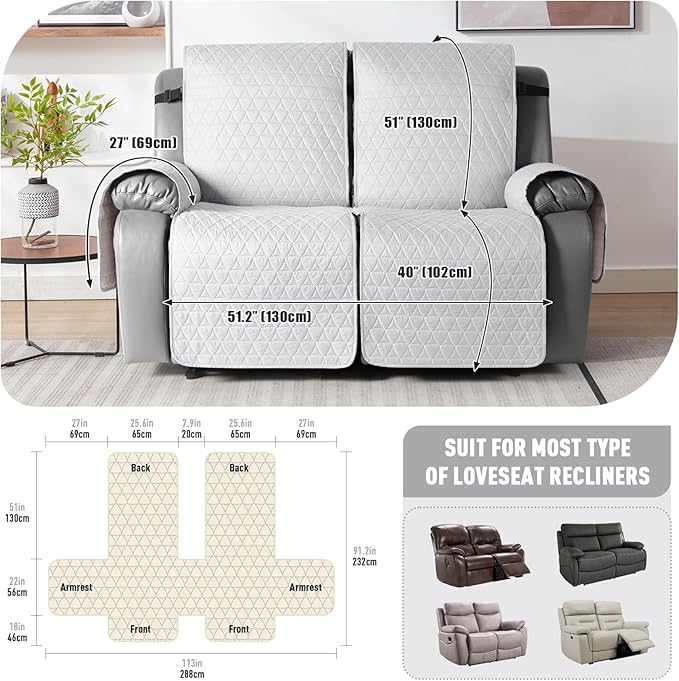 TAOCOCO 100% Waterproof Recliner Cover, Non-Slip Washable Reclining Couch Cover with Elastic Leg Straps, Furniture Protector for Dogs (Off White, 2 Seater) - Image 3