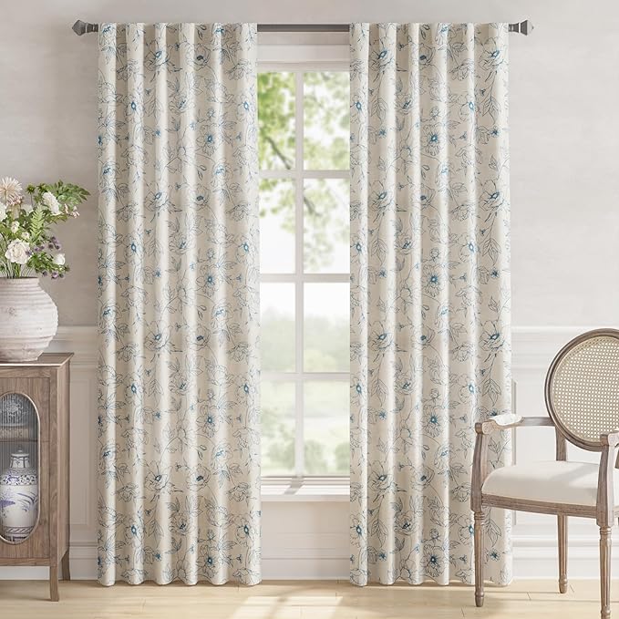jinchan Floral Linen Curtains for Living Room 84 Inch Length Blue Flower Curtain Rod Pocket Back Tab Farmhouse Curtains with Printed Floral Bedroom Window Curtain Set, 2 Panels Blue - Image 2