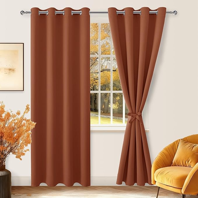 Hiasan Blackout Curtains for Bedroom, 52 x 84 Inches Long - Thermal Insulated & Light Blocking Window Curtains for Living Room/Kids Room Fall Home Decor, 2 Drape Panels Sewn with Tiebacks, Burnt Ochre by Hiasan