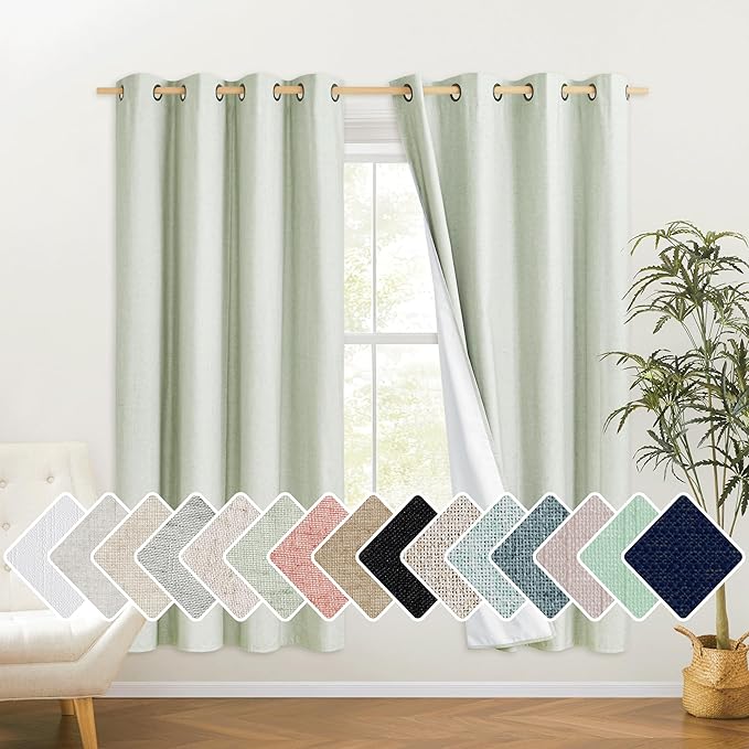 NICETOWN Sage Green High-End Thermal Flax Linen Curtains, 52" Wide Per Panel, Set of 2, Full Blackout Privacy Drapes 72 Inches Long for Dining Room, Soundproof Window Treatment Panels for Hall Room by NICETOWN