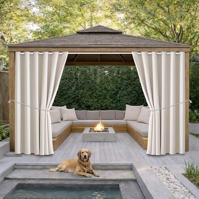 Waterproof Outdoor Curtain W84 x L84 - Grommet Top Sunlight Blocking Window Treatment Drapes Blackout Curtains for Home Bedroom Living Room Outdoor Patio Porch Gazebo (Cream, 2 Panels) by DivaenCamino
