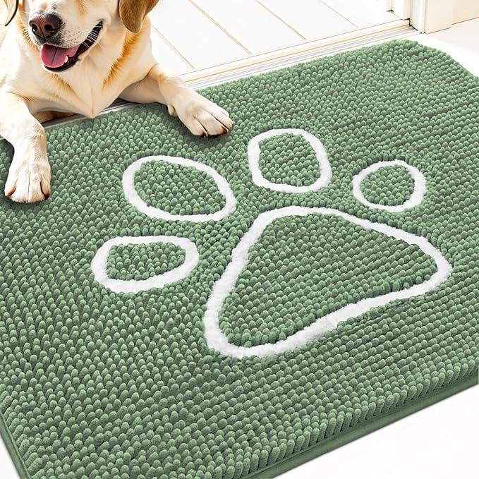 OLANLY Dog Door Mat for Muddy Paws 30x20, Paw Print Design, Absorbs Moisture and Dirt, Non-Slip Washable Doormat, Quick Dry Chenille Mud Mat, Entry Indoor Entryway Carpet, Olive Green and White by OLANLY