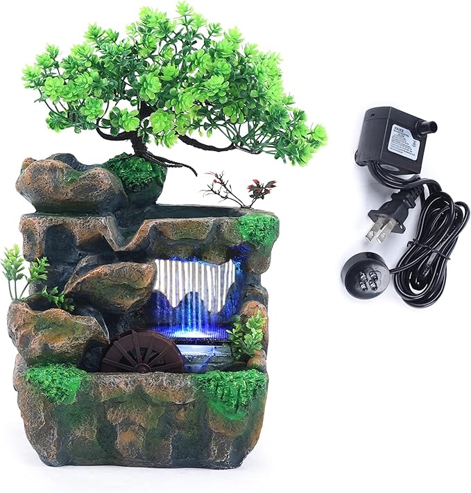 11.81" Tabletop Rockery Fountain Indoor Waterfall Bonsai Desktop Mini Rockery Water Fountain with Automatic Pump and LED Light, Home Office Bedroom Humidifier Desk Decorate by kunghei