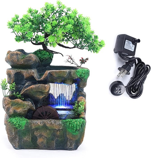 11.81" Tabletop Rockery Fountain Indoor Waterfall Bonsai Desktop Mini Rockery Water Fountain with Automatic Pump and LED Light, Home Office Bedroom Humidifier Desk Decorate by kunghei