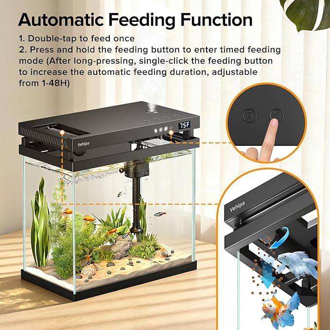 Fish Tank, 2.2 Gallon Glass Aquarium, Small Fish Aquarium Kits with Smart Humidifier, Auto Feeder, Silent Water Pump, Temperature Display & 7-Color Lighting, for Office & Home - Black - Image 2