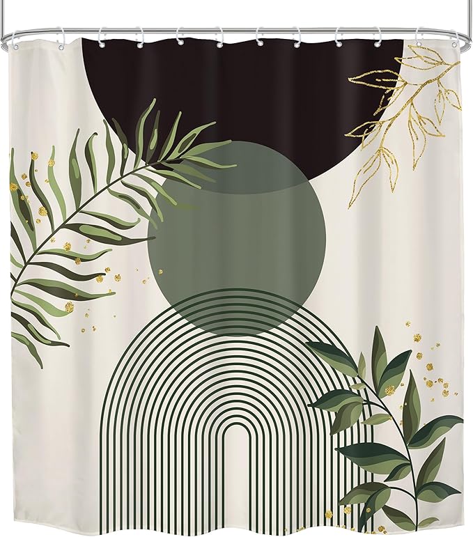 Dark Green Boho Shower Curtain 72Wx84H Extra Long Black Green Modern Bohemian Abstract Plant Leaves Bathroom Decor Minimalist Geometric Neutral Bath Curtain Fabric Polyester 12 Pack Hooks - Image 7