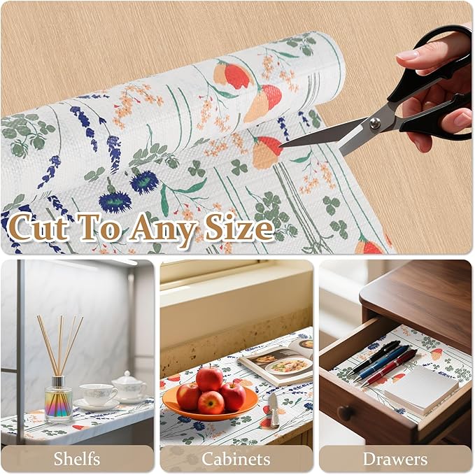 FINNEZ Shelf and Drawer Liner 12in x 30FT with Cutting Tool, Non Slip Non Adhesive Drawer Liners for Kitchen Cabinets, Waterproof Floral Cabinet Liner for Shelves, Refrigerator - Image 3