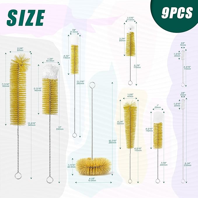 9-Pack Thin Long Handle Bottle Brushes, Stainless Steel Wire Cleaners with Boar Bristle & Wool Tip, Flexible Narrow Neck Cleaner for Wine Bottles, Tubes, Straws, Pipe, Hose & Decanter - Image 2