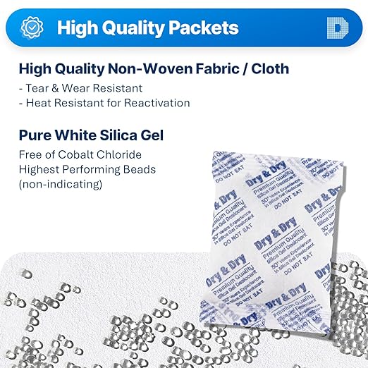 Dry & Dry 50 Gram [10 Packets] Silica Gel Packets Desiccants, Silica Packets - Rechargeable Silica Gel Packs, Desiccants Packets, Silica Gel - Image 2