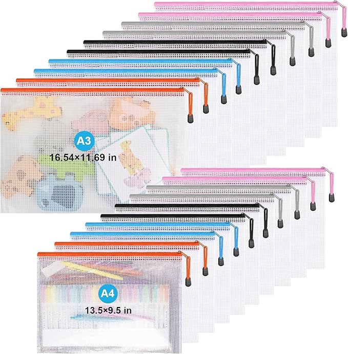 Mesh Zipper Pouch Bags,Zipper Pouches,Mesh Zipper Bags for Organizing,Storage Bags for Office Supplies,Puzzle & Board Game Storage. (A3(10 Pcs)+A4(10 Pcs)) by OrganizeYourVisibleWorld