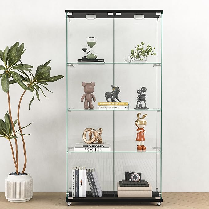 Yoluckea 4-Shelf Glass Display Cabinet with LED Lights, 2-Door Floor Standing Curio Cabinet with Universal Wheel for Home or Office, Black Glass Bookshelf for Collections, Decor, and Corner Display - Image 9