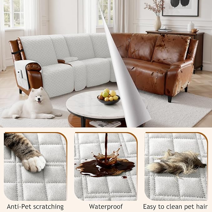 Arfntevss Waterproof Recliner Sectional Couch Covers for Reclining L Shape Sofa Cover Non Slip Washable L Shaped Slipcover Sets for Dog Furniture Protector (5 Seat with 1 Console Cover, Pale Gray) - Image 6