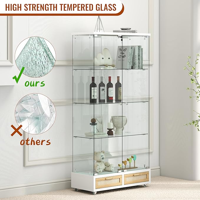 Yoluckea 4-Tier Glass Display Cabinet with LED Lighting and 2 Drawers, 2-Door Floor Standing Curio Cabinet with Wheel for Home, Office, Corner Display, White Glass Bookshelf for Collections and Decor - Image 6