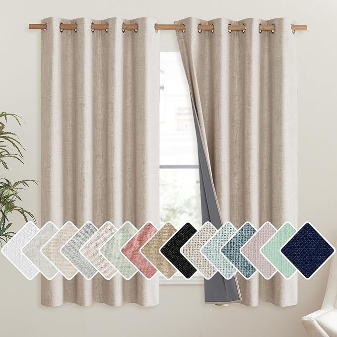 NICETOWN Cream Linen Complete Blackout Curtains 48 inches for Kids Room, 2 Panels, Thermal Insulated & Noise Reducing Window Draperies with Grey Liner, Noise Reducing Short Drapes by NICETOWN