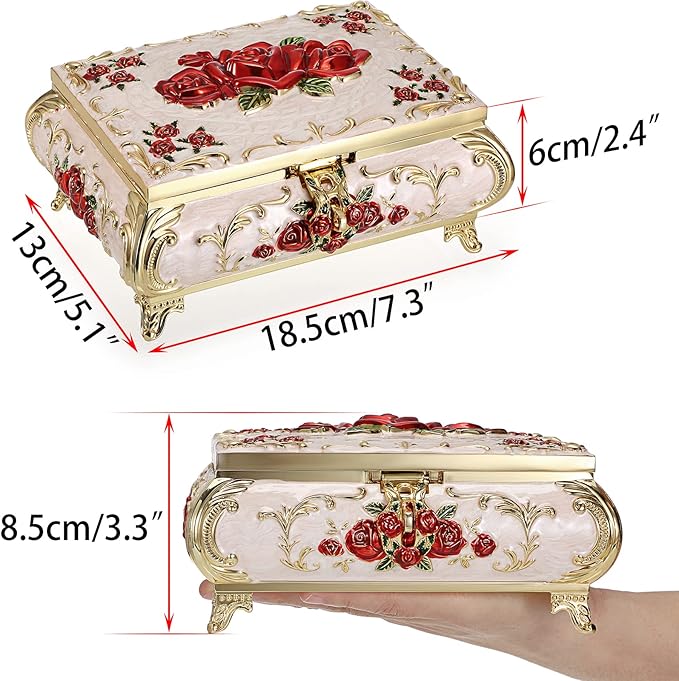 Hipiwe Metal Decorative Jewelry Box Vintage Treasure Chest Case Ornate Trinket Organizer Earrings Necklace Bracelet Storage Box Ring Holder Keepsake Box for Women - Image 7