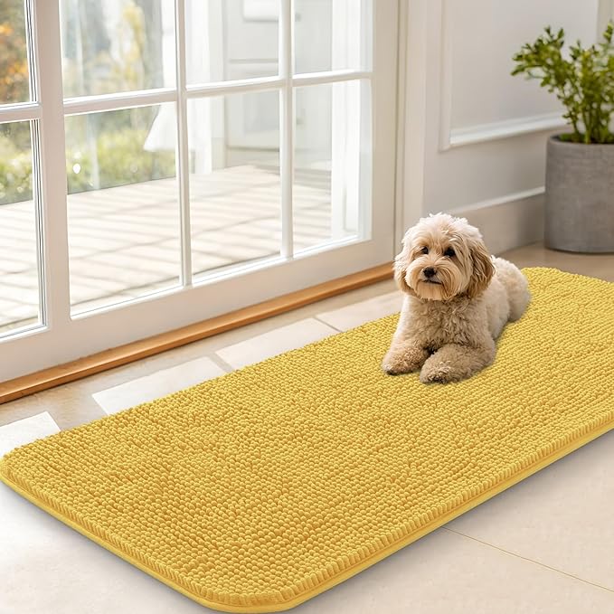 OLANLY Dog Door Mat for Muddy Paws 47x20, Absorbs Moisture and Dirt, Absorbent Non-Slip Washable Doormat, Quick Dry Chenille Mud Mat for Dogs, Entry Indoor Entryway Carpet for Inside Floor, Yellow by OLANLY