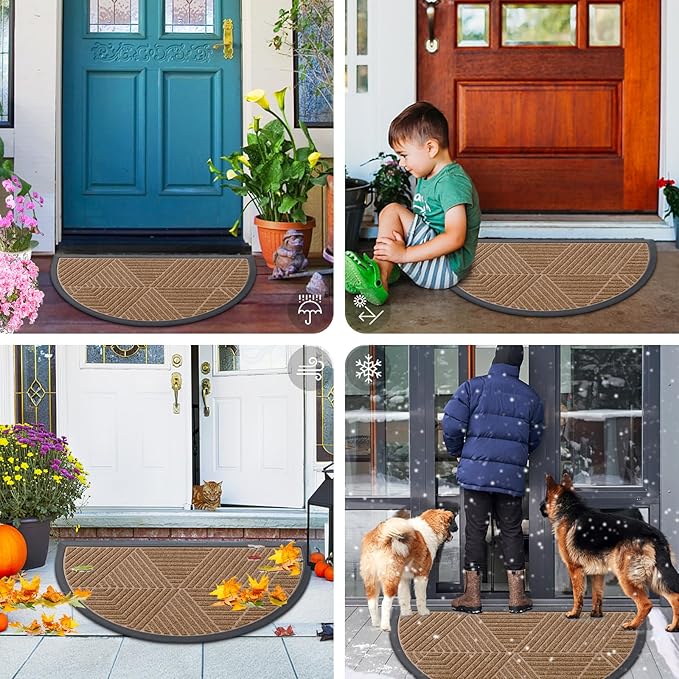 Smiry Half Circle Front Door Mat Outside Entrance, Heavy Duty Sturdy Natural Rubber Doormat, Trap Dirt and Moisture, Low Profile Mats for Indoor Outdoor Entry, Irregular Triangle (29.5x17, Coffee) - Image 7
