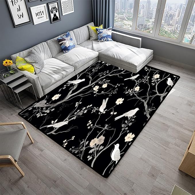 Carpet Blossom and Sparrow Pattern Printing Reversible Area Rugs Fade Resistant, Flame Resistant, Quick Dry, Stain Resistant, Waterproof Floor Carpet for Living Room Bedroom, 48 x 72 Inch - Image 2
