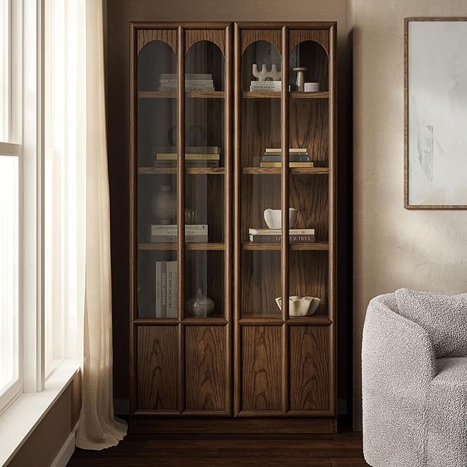 Modway Anwen 79" Wood Display Cabinet with Glass Doors in Walnut – Modern China Cabinet with Arched Door Detail – Large Curio Cabinet for Collectibles - Image 2
