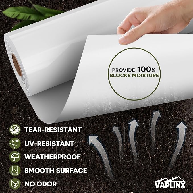 White Crawl Space Vapor Barrier, 10 Mil Vapor Barrier, 10' x 100', Heavy Duty Polyethylene Film, Thick Plastic Sheeting, Plastic Drop Cloth Covering for Crawlspace, Basement, White - Image 3