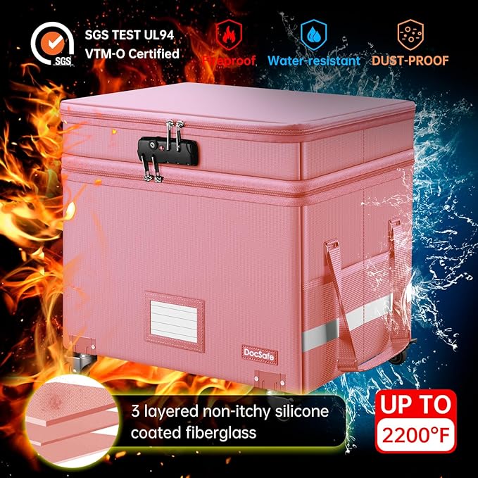 DocSafe File Box with Lock,2-Layer Fireproof Document Box with Wheels,Collapsible Rolling File Storage Organizer with Pockets,Large Portable Home Office Filing Cabinet Safe for Hanging Folders,Pink - Image 4