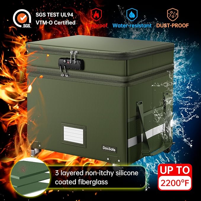 DocSafe File Box with Lock,2-Layer Fireproof Document Box with Wheels,Collapsible Rolling File Storage Organizer with Pockets,Large Portable Home Office Filing Cabinet Safe for Hanging Folders,Green - Image 4