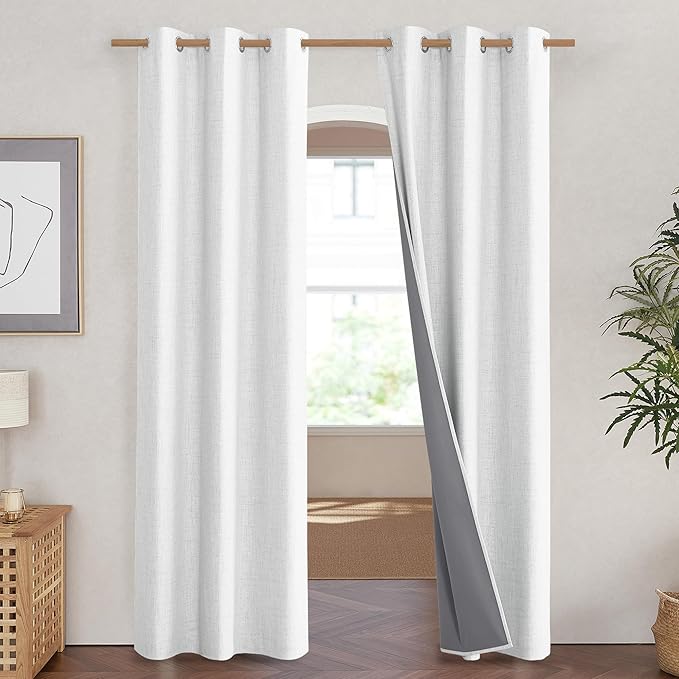NICETOWN 100% Absolutely Blackout Linen Curtains with Thermal Insulated Liner, Greyish White, 42" Wide, 84" Length Energy Saving Curtains for Living Room 2 Panels Set, Vertical Blinds - Image 2