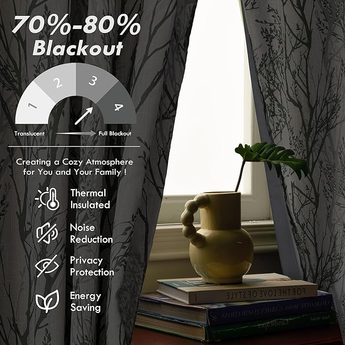 DriftAway Linen Printed Blackout Curtains Tree Branch Pattern Double Layer 84 Inches Long for Bedroom Thermal Insulated Summer Sound Lined Grommet Drapes for Living Room 2 Panels Loden Green/Linen - Image 5