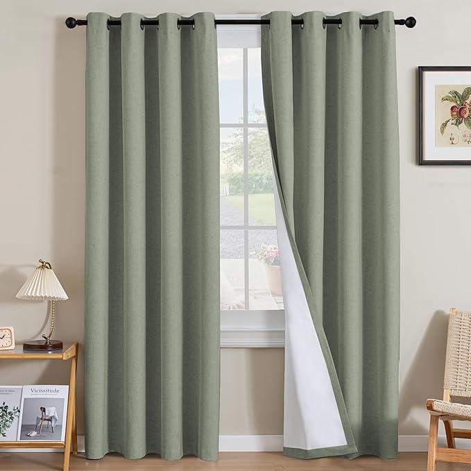 H.VERSAILTEX Linen Curtains 100% Blackout Curtains for Bedroom 108 inch Long Full Light Blocking Nature Linen Blended Window Curtains for Living Room Nickel Grommet (2 Panels, Heathered Dried Sage) by HVERSAILTEX