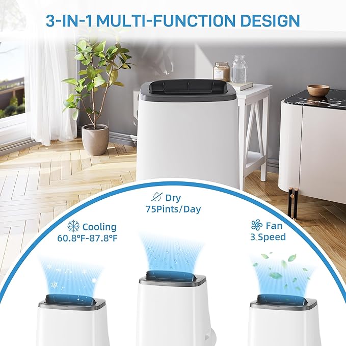 14000 BTU Portable Air Conditioner for Room up to 700 Sq.Ft - 3-in-1 Energy-Efficient AC Unit with Dehumidifier & 3-Speed Fan, Quiet Operation, Remote Control, Compact Design - Image 3
