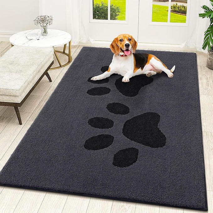 Smiry Dog Door Mat for Muddy Paws, Absorbs Moisture and Dirt, Low-Profile Entryway Mat with Non-Slip Backing, Entry Indoor Outdoor Doormat for Inside Floor (48x32 Inches, Black, Paw) by Smiry