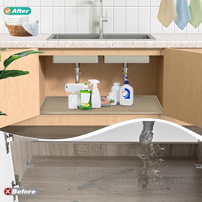 Waterproof Under Sink Mat 34" x 19", Silicone Cabinet Liner, Rubber Protector for Kitchen and Bathroom, Keeps Cabinets Clean, Dry, and Organized (Light Grey) - Image 6