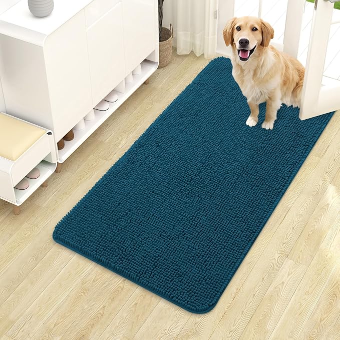 OLANLY Dog Door Mat for Muddy Paws 40x24, Absorbs Moisture and Dirt, Absorbent Non-Slip Washable Doormat, Quick Dry Chenille Mud Mat, Entry Indoor Entryway Carpet for Inside Floor, Atlantic Blue by OLANLY