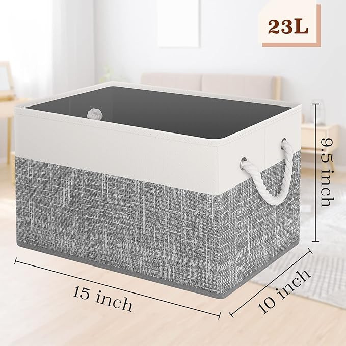 Storage Bin,Collapsible Storage Basket For Organizing,Large Storage Boxes With Rope Handles,Storage Containers,White & Grey,2 Pack - Image 2
