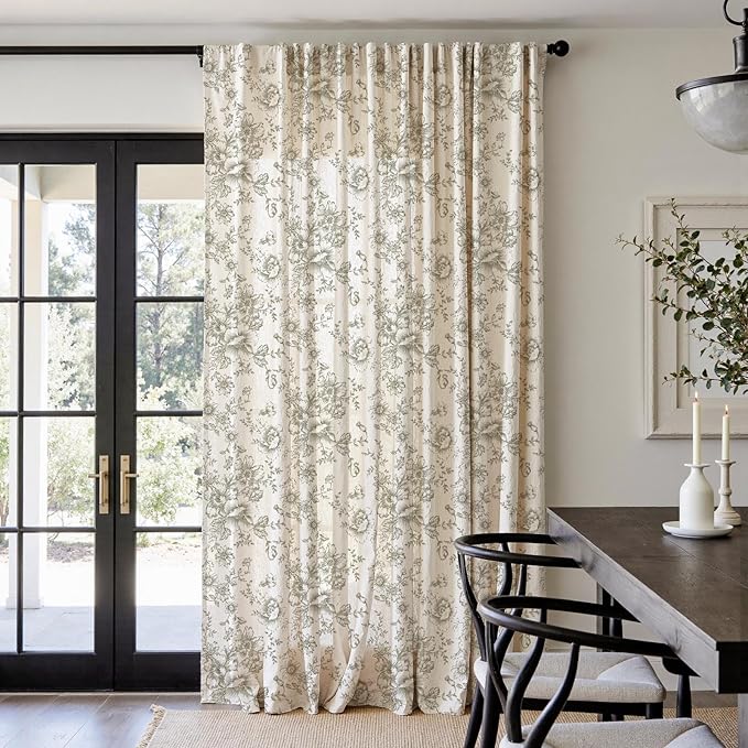 jinchan Linen Floral Curtains 100 Inch Extra Wide for Patio Sliding Glass Door Room Divider Curtain for Living Room 96 Inch Length Farmhouse Peony Green Printed Curtain Set 1 Panel - Image 2
